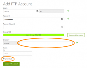 Creating a new FTP account - Step 2